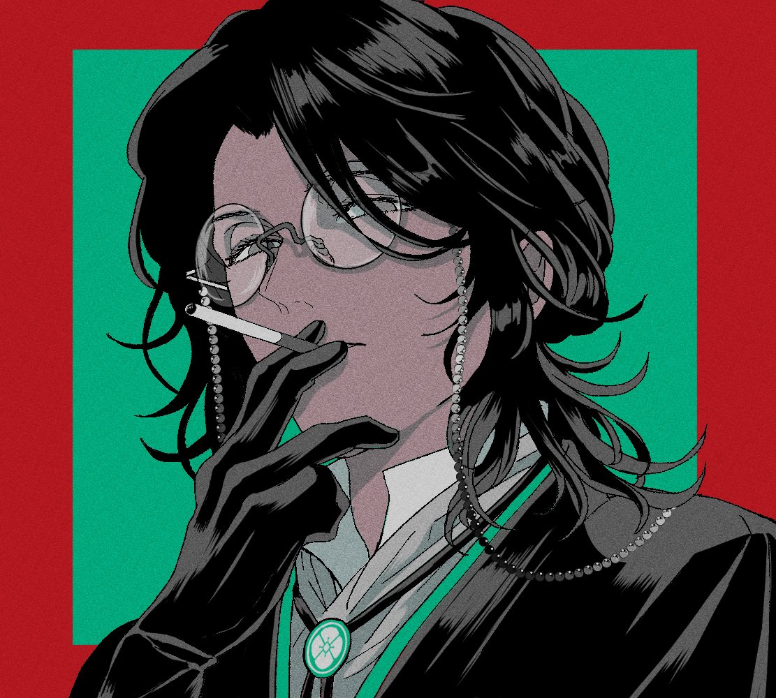 1boy bangs between_fingers black_gloves black_hair black_kimono bolo_tie border cigarette eyewear_strap glasses gloves grey_background grey_eyes holding holding_cigarette japanese_clothes kimiruun kimono limited_palette looking_at_viewer male_focus medium_hair nankaitarou_chouson outside_border parted_bangs portrait red_border round_eyewear shirt smoking solo touken_ranbu white_shirt