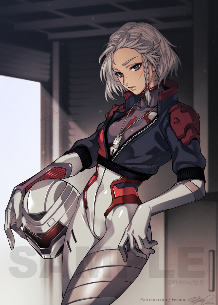 1girl blue_eyes bodysuit bomber_jacket braid commission dog_tags fishine helmet highres jacket looking_at_viewer original pilot_suit short_hair skin_tight skindentation solo source_request thighs unzipped white_hair