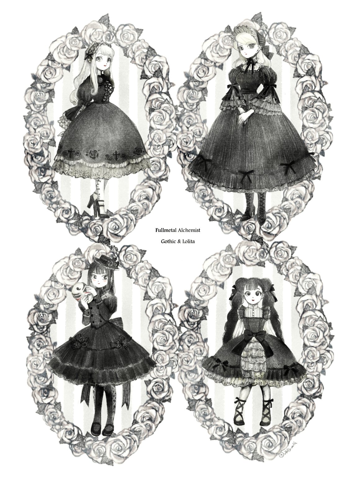 4girls alternate_costume alternate_hairstyle ankle_lace-up arms_behind_back bangs blush bonnet boots bow braid breasts chin_strap copyright_name cross-laced_clothes cross-laced_footwear cross_print dress dress_bow flower frills fullmetal_alchemist gothic_lolita hair_ribbon hairband hands_up hat high_heels highres holding holding_mask jellymlk juliet_sleeves lace-up_boots lan_fan lolita_fashion lolita_hairband long_hair long_sleeves looking_at_viewer mask mask_removed may_chang monochrome multiple_girls own_hands_together pantyhose print_legwear puffy_sleeves red_lips ribbon riza_hawkeye shoes sidelocks smile spot_color standing swept_bangs twin_braids twintails wide_sleeves winry_rockbell