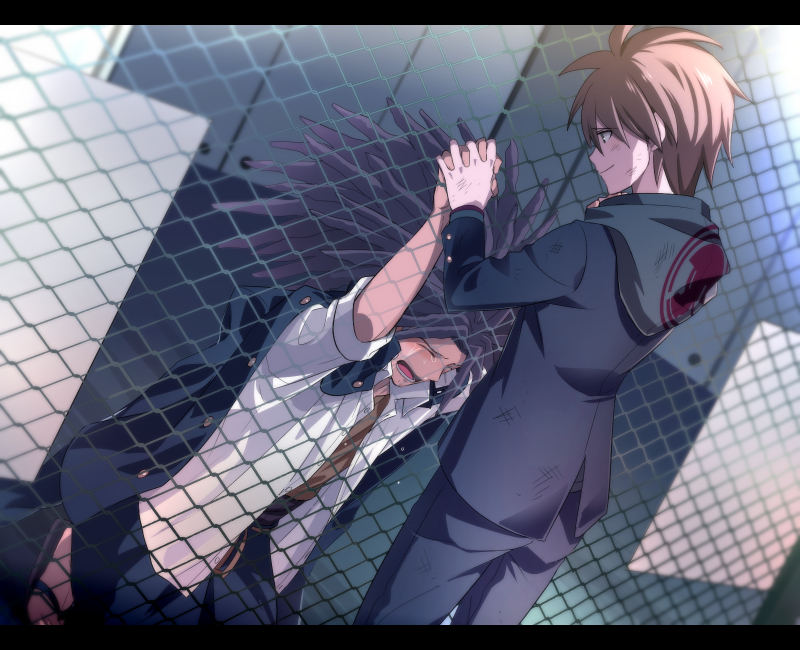 2boys ahoge bangs black_jacket black_pants brown_hair brown_shirt chain-link_fence crying danganronpa:_trigger_happy_havoc danganronpa_(series) dreadlocks fence hagakure_yasuhiro holding_hands hood hood_down jacket jacket_on_shoulders kajiwara_io kneeling long_hair male_focus multiple_boys naegi_makoto pants sandals shirt short_hair smile tears white_shirt