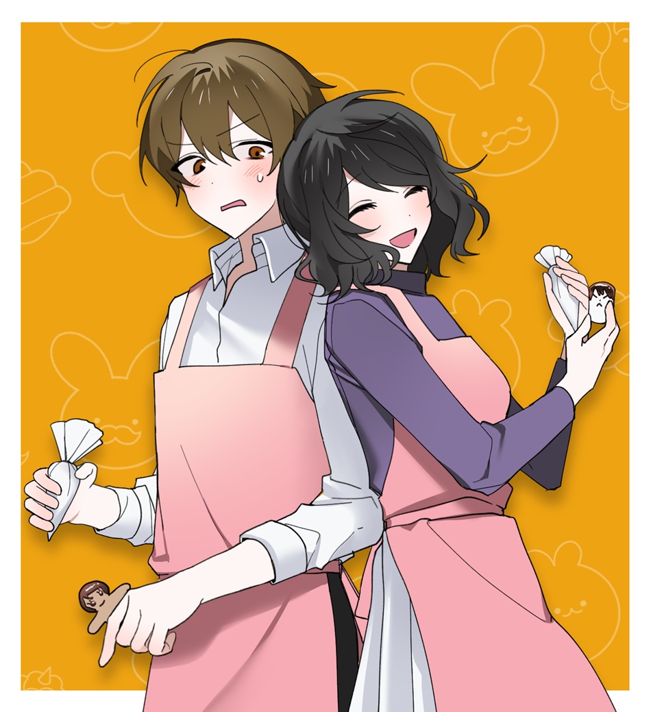 1boy 1girl apron back-to-back black_hair blush brown_eyes brown_hair closed_eyes collared_shirt commentary_request cookie ekplsc embarrassed food happy holding holding_cookie holding_food korean_commentary long_sleeves medium_hair open_collar open_mouth pastry_bag pink_apron pleated_skirt purple_sweater saibou_shinkyoku shirt short_hair skirt smile sweat sweater turtleneck turtleneck_sweater white_shirt white_skirt