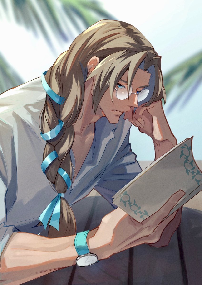 1boy bespectacled blue_eyes blue_ribbon blurry blurry_background book braid brown_hair chiron_(fate) closed_mouth curtained_hair expressionless fate/grand_order fate_(series) glasses hair_ribbon haruakira highres holding holding_book male_focus open_book palm_leaf reading ribbon round_eyewear shirt single_braid sleeves_rolled_up solo table upper_body v-neck watch watch white_shirt