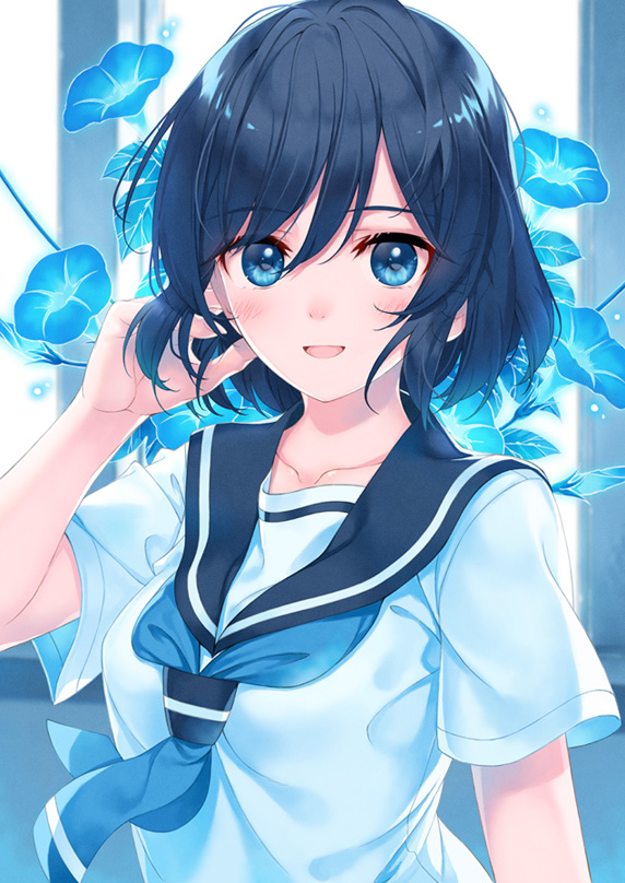 adjusting_hair amamiya_chiharu black_hair blue_eyes collarbone flower hand_in_own_hair indoors morning_glory original sailor_collar school_uniform serafuku short_hair short_sleeves smile