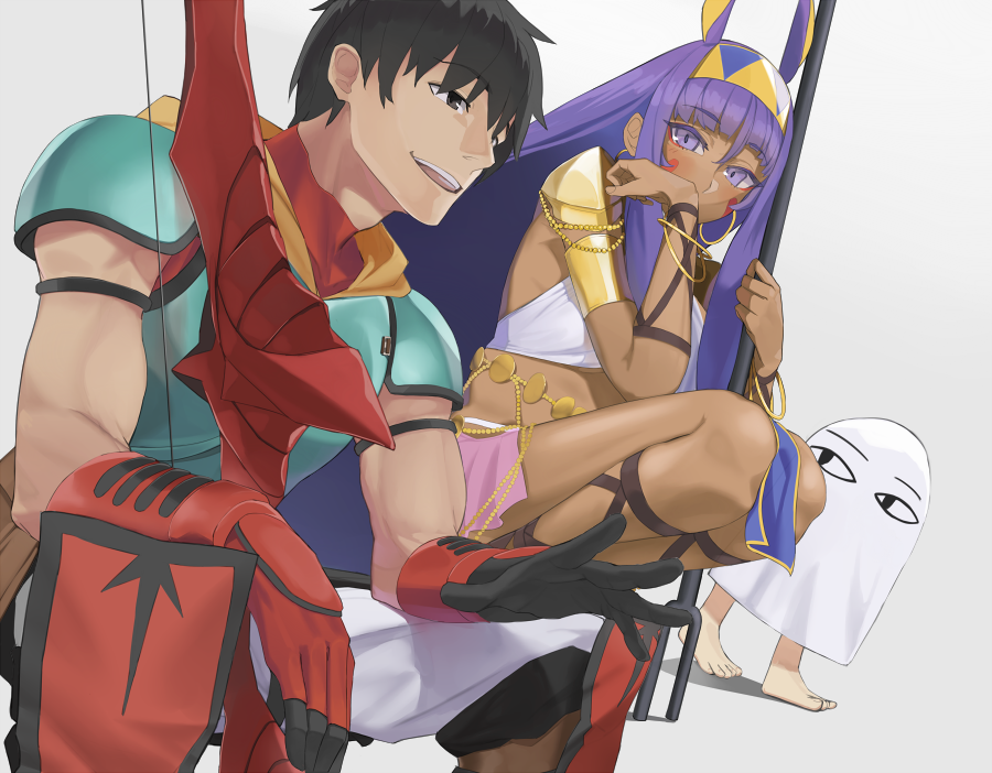 1boy 1girl 1other arash_(fate) black_eyes black_hair dark-skinned_female dark_skin fate/grand_order fate/prototype fate_(series) holding holding_staff lempika long_hair looking_at_another looking_to_the_side medjed_(fate) nitocris_(fate) open_mouth pointy_ears purple_hair short_hair sleeveless squatting staff violet_eyes