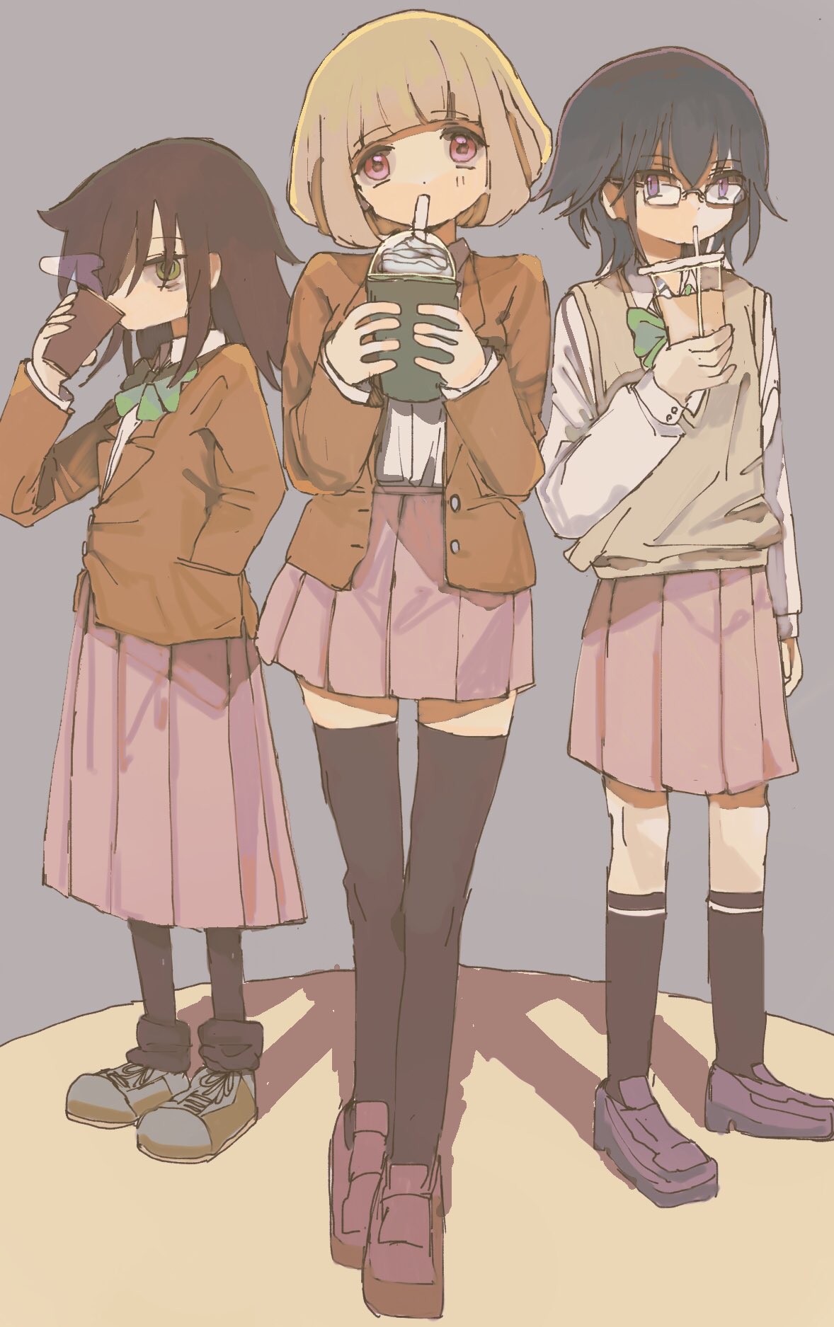 3girls bangs black_hair blazer blonde_hair blunt_bangs coffee drinking glasses green_eyes hair_between_eyes highres jacket komiyama_kotomi kuroki_tomoko long_skirt long_sleeves looking_at_viewer loose_thighhigh meimeiner miniskirt multiple_girls naruse_yuu pink_eyes pink_skirt ribbon school_uniform short_hair skirt thigh-highs vest violet_eyes watashi_ga_motenai_no_wa_dou_kangaetemo_omaera_ga_warui!