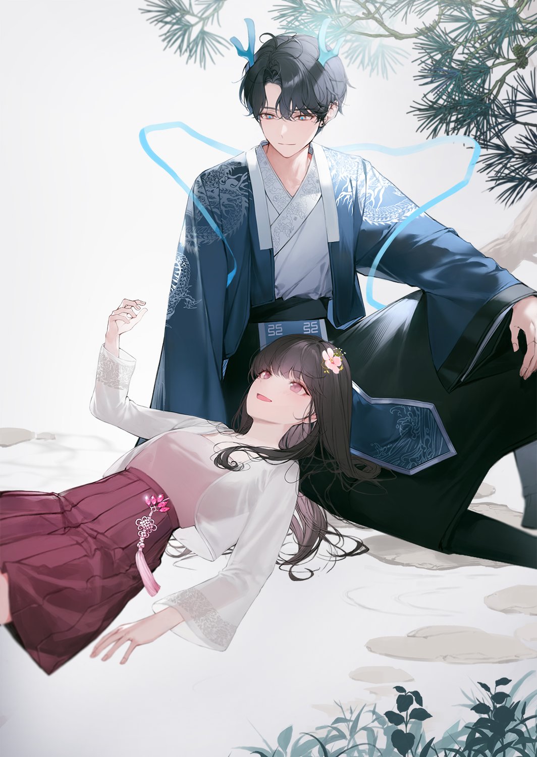 1boy 1girl :d antenna_hair antlers bangs black_hair breasts closed_mouth commentary_request copyright_request cowboy_shot cropped_jacket dragon_print dudungseun flower hair_flower hair_ornament hakama hakama_skirt hand_on_own_knee hand_up haori highres jacket japanese_clothes kimono knee_up korean_commentary lap_pillow looking_at_another lying medium_breasts on_back open_clothes open_jacket open_mouth parted_bangs pink_eyes pink_shirt plant pleated_skirt red_hakama shirt shirt_tucked_in short_hair sitting skirt smile straight_hair tassel white_jacket white_kimono wide_sleeves