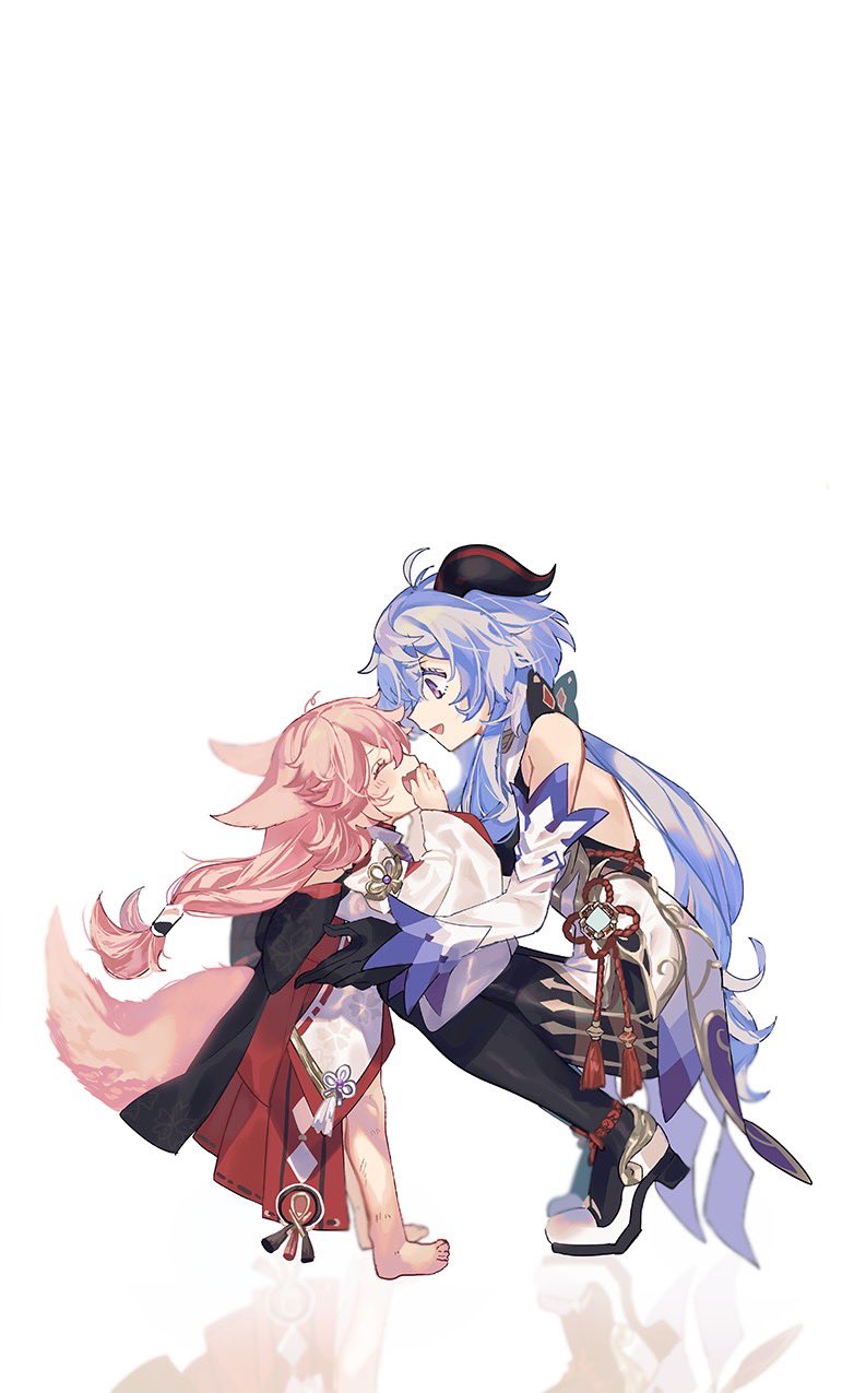 2girls ahoge animal_ears bangs bare_shoulders barefoot bell blue_hair blush bow breasts closed_eyes detached_sleeves fox_ears fox_tail ganyu_(genshin_impact) genshin_impact gold_trim gurugnsn highres horns japanese_clothes long_hair looking_at_another low_ponytail medium_breasts multiple_girls neck_bell open_mouth pink_hair sidelocks smile squatting standing tail very_long_hair violet_eyes white_background white_sleeves yae_miko younger