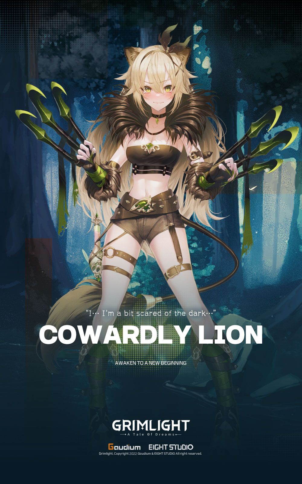 1girl animal_ears artist_request blonde_hair brown_shorts cowardly_lion_(grimlight) crop_top green_eyes grimlight highres lion_ears lion_girl lion_tail looking_at_viewer official_art short_hair shorts slit_pupils solo tail thigh_strap