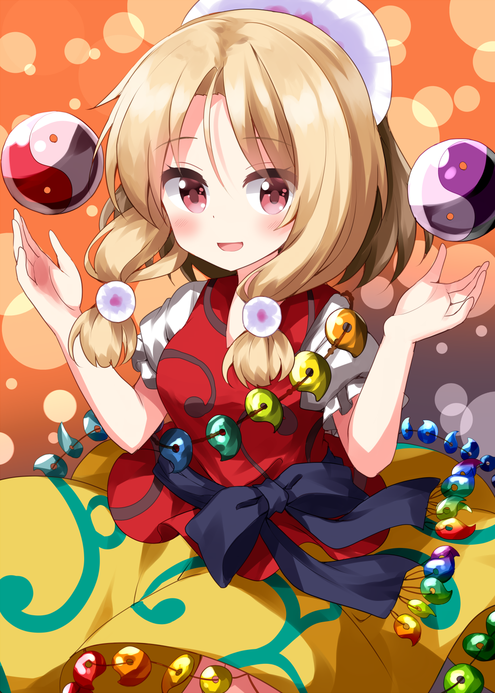 1girl blonde_hair blush brown_eyes cowboy_shot frilled_sleeves frills highres light_brown_hair magatama open_mouth orb puffy_short_sleeves puffy_sleeves red_skirt red_vest ruu_(tksymkw) shirt short_hair short_sleeves skirt smile solo tamatsukuri_misumaru touhou vest white_shirt yin_yang yin_yang_orb