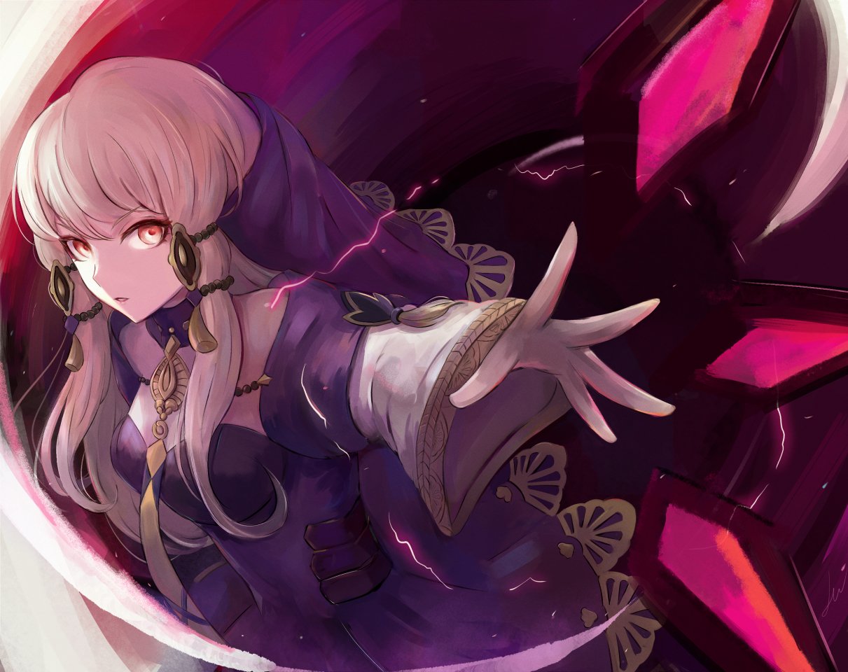 1girl breasts choker cowboy_shot detached_collar dress fire_emblem fire_emblem:_three_houses hair_between_eyes hair_ornament leonmandala long_hair long_sleeves looking_at_viewer lysithea_von_ordelia medium_breasts outstretched_arm parted_lips pink_eyes solo standing white_hair