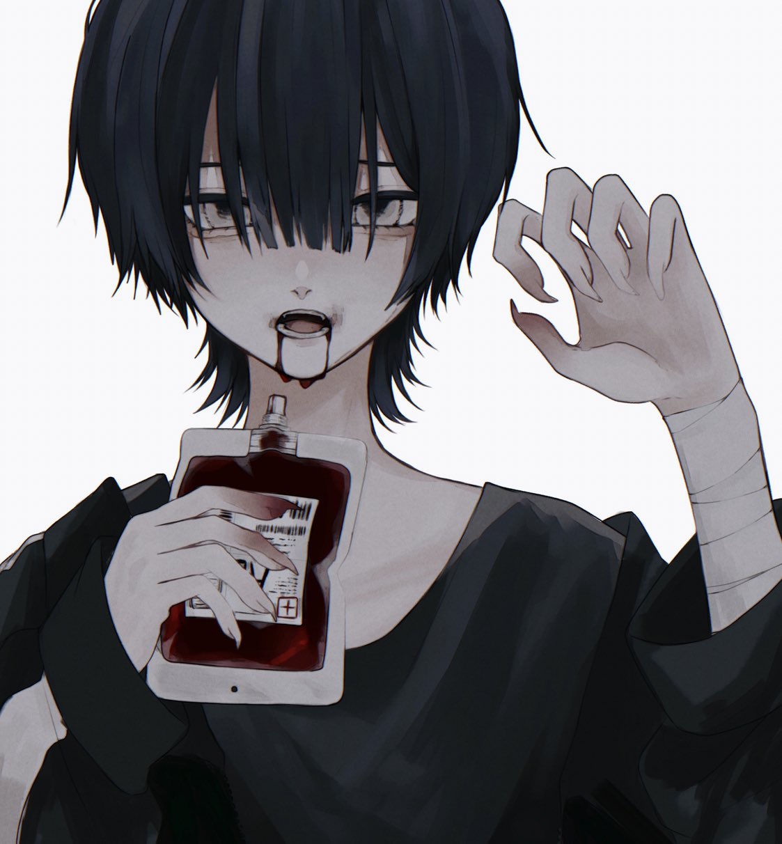 1boy 402_(o0_xxx) bag bandaged_arm bandages black_hair black_theme blood blood_bag blood_from_mouth blood_on_face blood_on_hands claw_pose dripping fingernails grey_background grey_eyes hair_between_eyes highres holding holding_bag long_fingernails male_focus open_mouth original sharp_fingernails simple_background solo teeth upper_body