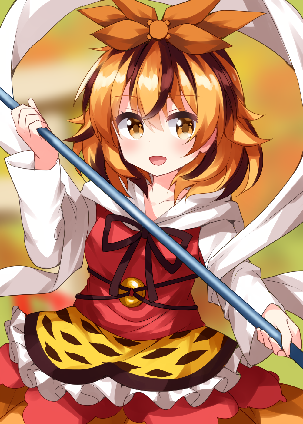 1girl animal_print black_hair blonde_hair blush collarbone dress hagoromo hair_between_eyes highres holding holding_polearm holding_weapon long_sleeves multicolored_hair open_mouth orange_skirt polearm red_dress ruu_(tksymkw) shawl short_hair skirt smile solo spear tiger_print toramaru_shou touhou two-tone_hair weapon yellow_eyes