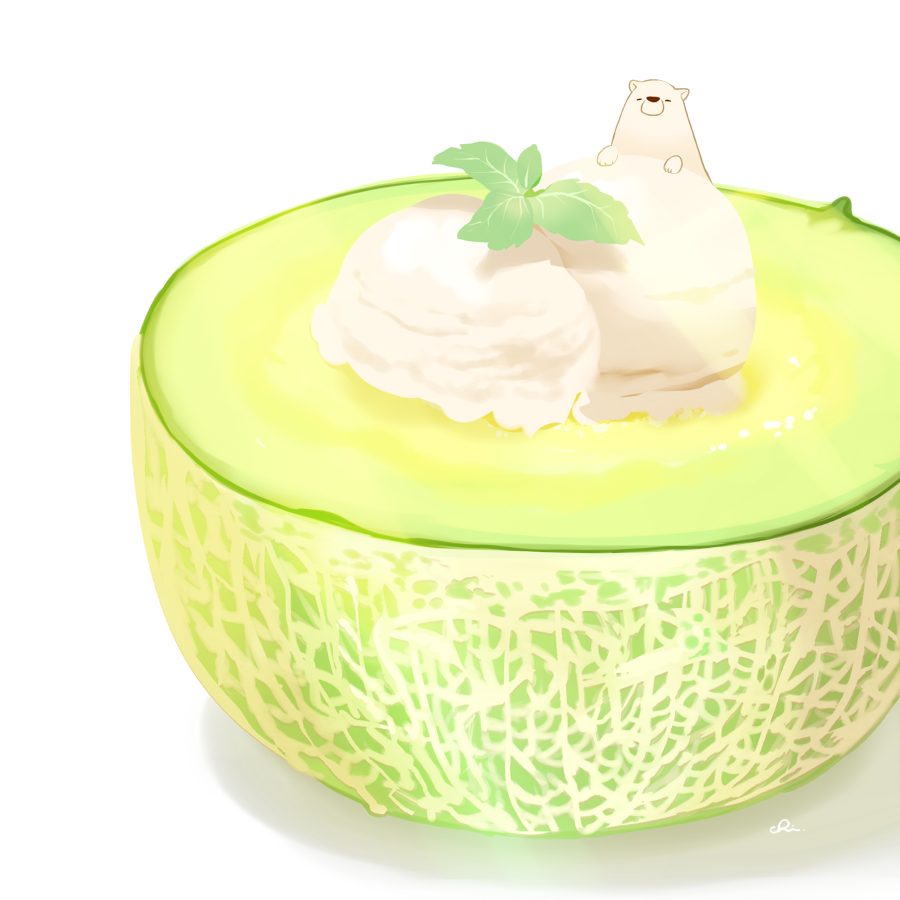 animal bear chai_(drawingchisanne) commentary_request food food_focus fruit garnish ice_cream looking_at_viewer melon mint no_humans on_food original polar_bear signature undersized_animal white_background