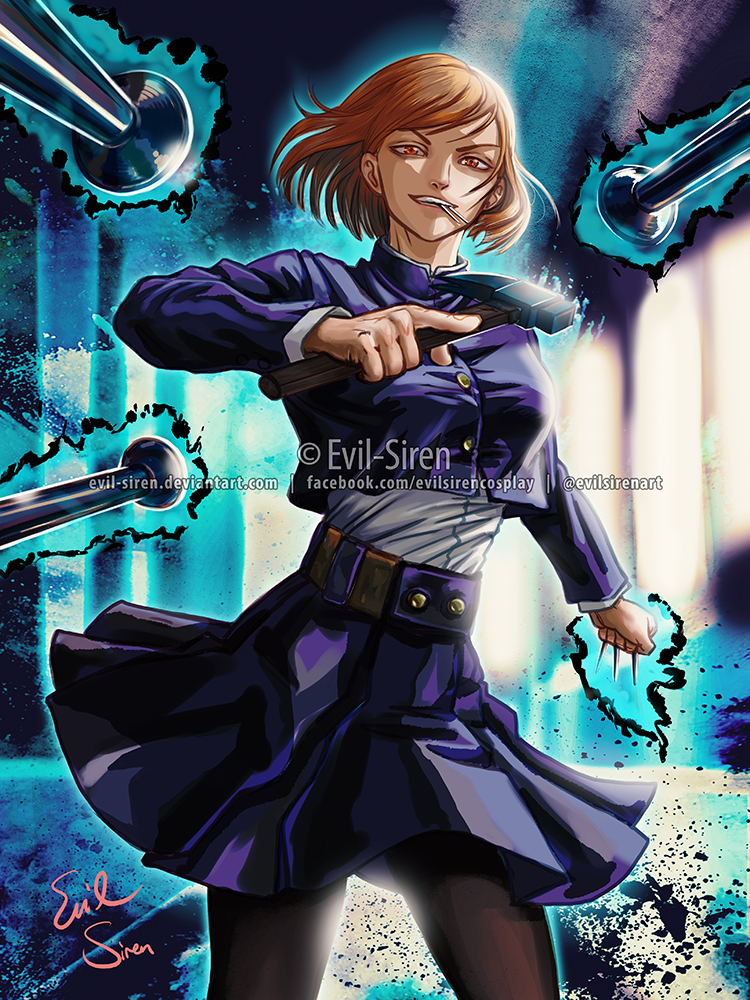 1girl arm_up artist_name bangs baseball_bat belt between_fingers black_legwear blue_jacket blue_outline blue_skirt blurry blurry_background breasts brown_hair buttons clenched_hand commentary_request cowboy_shot cropped_jacket deviantart_username english_commentary evil-siren facebook_username hammer happy holding holding_hammer indoors jacket jujutsu_kaisen kugisaki_nobara long_sleeves looking_at_viewer medium_breasts miniskirt mixed-language_commentary mouth_hold nail open_mouth outline pantyhose partial_commentary pleated_skirt red_eyes school_uniform shirt shirt_tucked_in short_hair sidelocks signature skirt smile solo standing swept_bangs teeth telekinesis twitter_username watermark web_address white_shirt window
