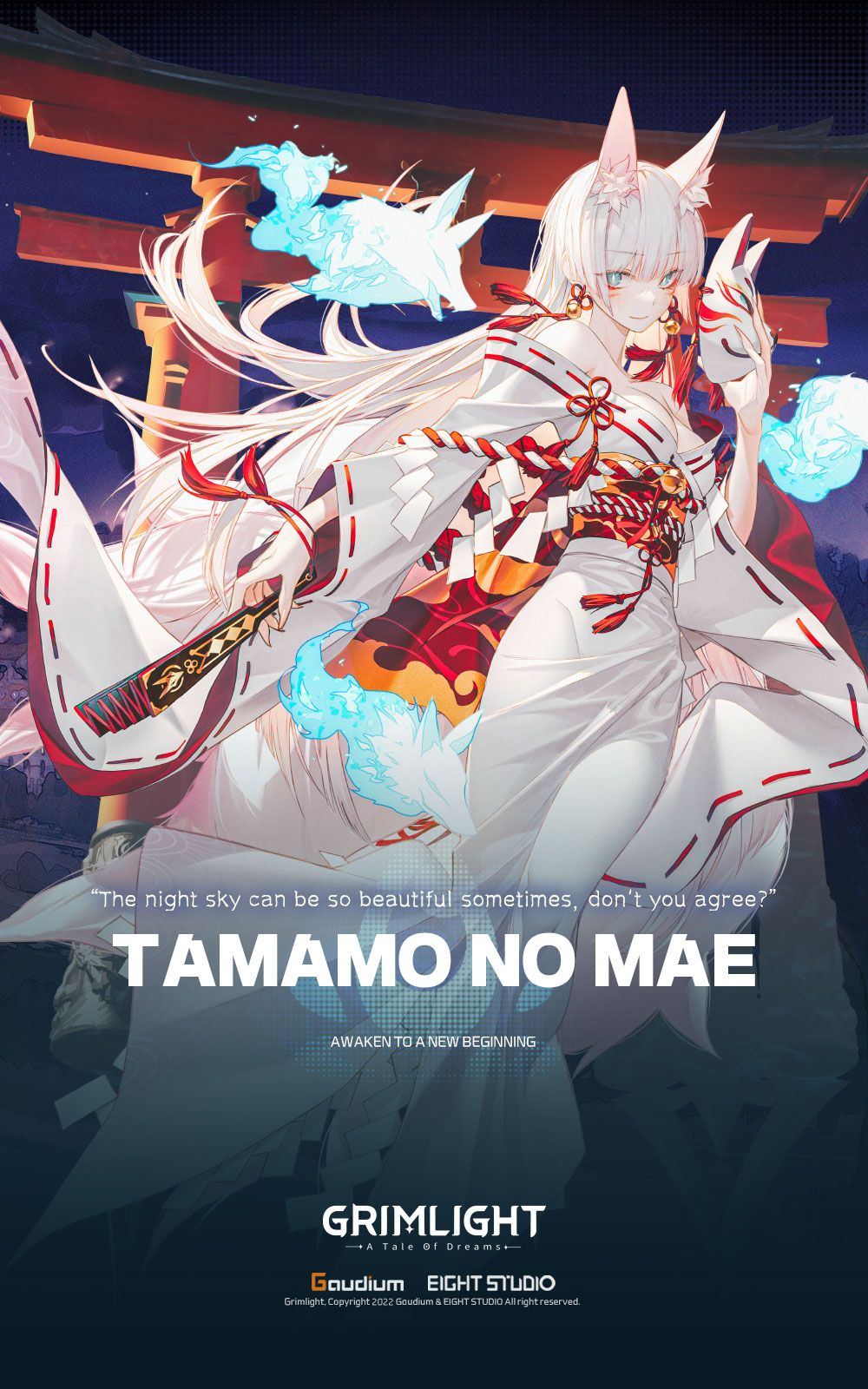 1girl animal_ears artist_request blue_eyes facing_to_the_side fox_ears fox_girl fox_mask fox_tail grimlight highres japanese_clothes kimono long_hair looking_at_viewer marking_on_cheek mask official_art solo tail tamamo_no_mae_(grimlight) very_long_hair white_hair