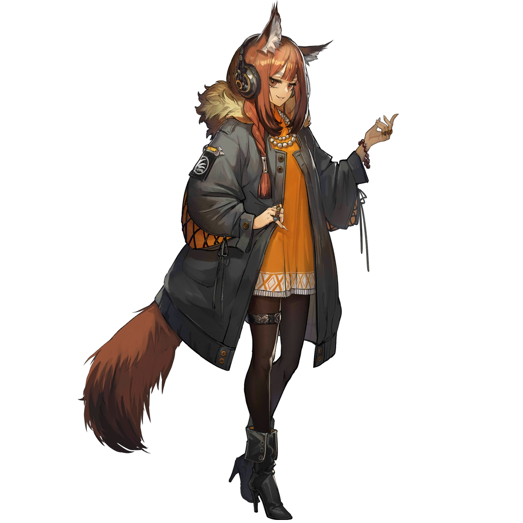 1girl animal_ears arknights black_footwear black_jacket black_legwear boots brown_eyes brown_hair dress full_body fur-trimmed_jacket fur_trim hand_up headphones high_heel_boots high_heels implied_extra_ears jacket jewelry long_sleeves looking_at_viewer multiple_rings necklace non-web_source official_art open_clothes open_jacket orange_dress pantyhose pearl_necklace ratatoskr_browntail_(arknights) ring simple_background smile solo sprite squirrel_ears squirrel_girl squirrel_tail standing tachi-e tail thigh_strap transparent_background