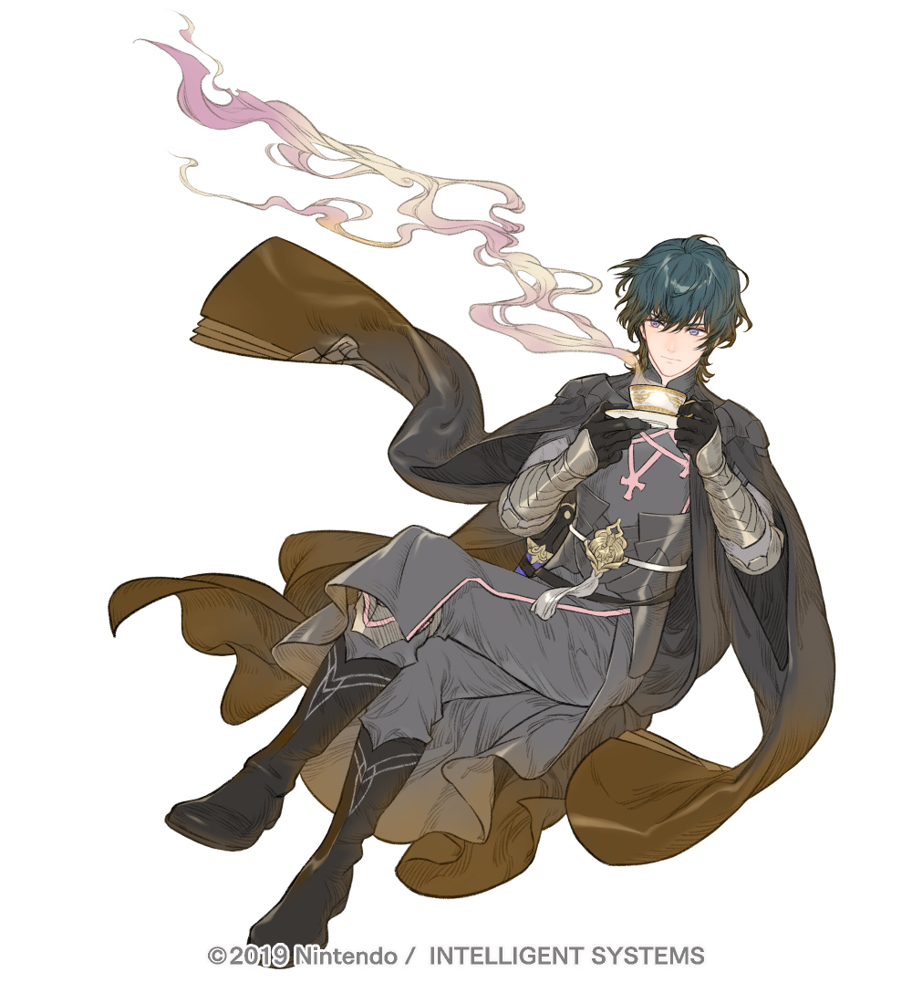 1boy armor black_footwear black_gloves blue_eyes blue_hair boots brown_coat byleth_(fire_emblem) byleth_eisner_(male) closed_mouth coat coat_on_shoulders commentary crossed_legs cup dagger expressionless fire_emblem fire_emblem:_three_houses full_body gloves grey_pants grey_shirt holding holding_cup invisible_chair knee_boots knife looking_to_the_side official_art pants saucer scabbard sheath sheathed shirt short_hair simple_background sitting solo steam suzuki_rika teacup vambraces watermark weapon white_background