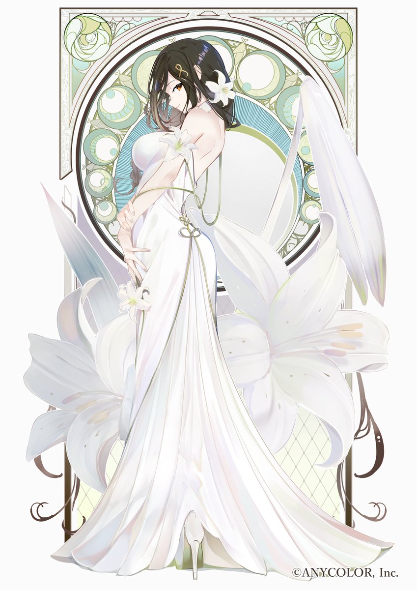 1girl black_hair breasts copyright dress flower flower_knot from_side full_body hair_flower hair_ornament halterneck high_heels highres holding holding_flower holding_own_wrist large_breasts lily_(flower) long_dress looking_at_viewer low-braided_long_hair maimuro nijisanji official_art orange_eyes parted_lips profile shirayuki_tomoe sleeveless sleeveless_dress smile solo stained_glass standing virtual_youtuber white_dress white_flower white_footwear white_lily