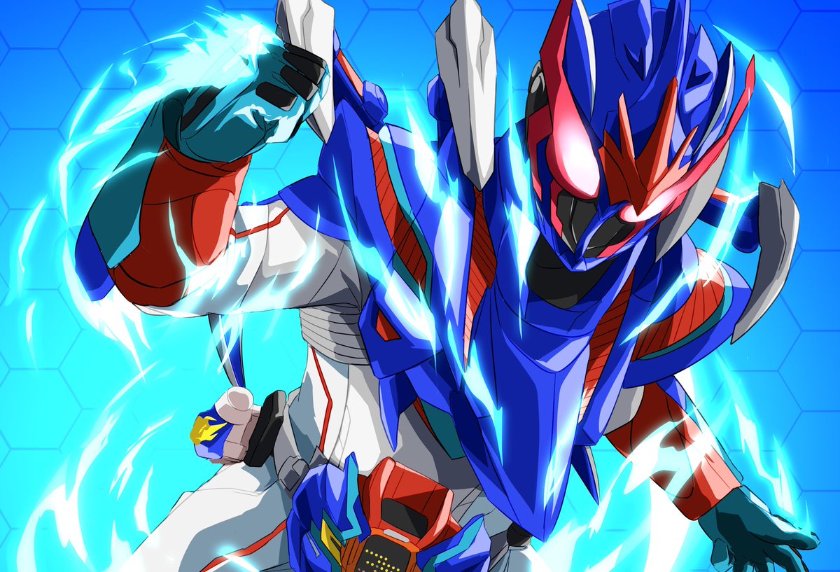 1boy aura blue_armor blue_background blue_gloves blue_sky blue_theme bodysuit clenched_hand compound_eyes destream_driver driver_(kamen_rider) finishing_move gloves glowing glowing_eyes glowing_fist hercules_beetle hercules_beetle_genome kamen_rider kamen_rider_destream kamen_rider_revice miyabi_(037) powering_up red_eyes rider_belt rider_kick sky tokusatsu vistamp white_bodysuit