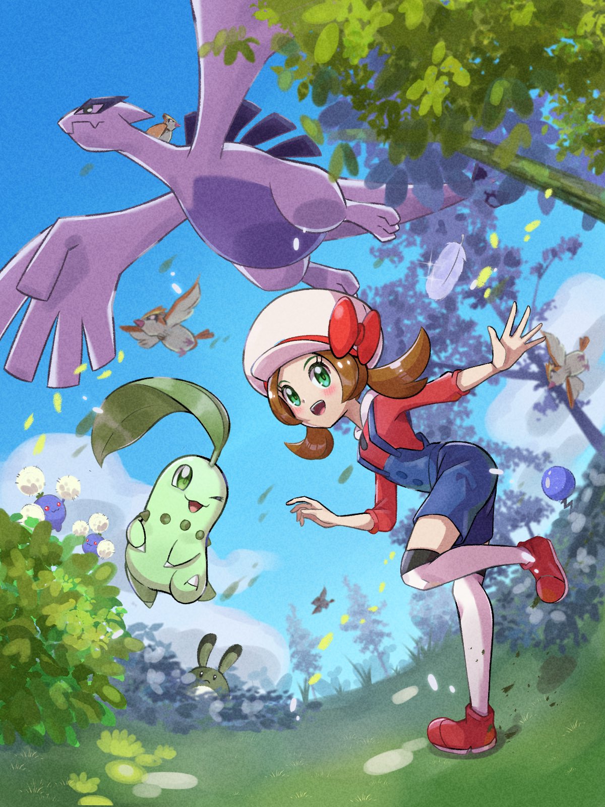 1girl :3 alternate_color blush brown_hair cabbie_hat chikorita clouds falling_leaves feathers flying grass hat highres inana_umi jumpluff leaf lugia lyra_(pokemon) marill open_mouth overalls pidgey pokemon pokemon_(creature) pokemon_(game) pokemon_hgss sentret shiny_pokemon sky standing tail thigh-highs tree twintails wings