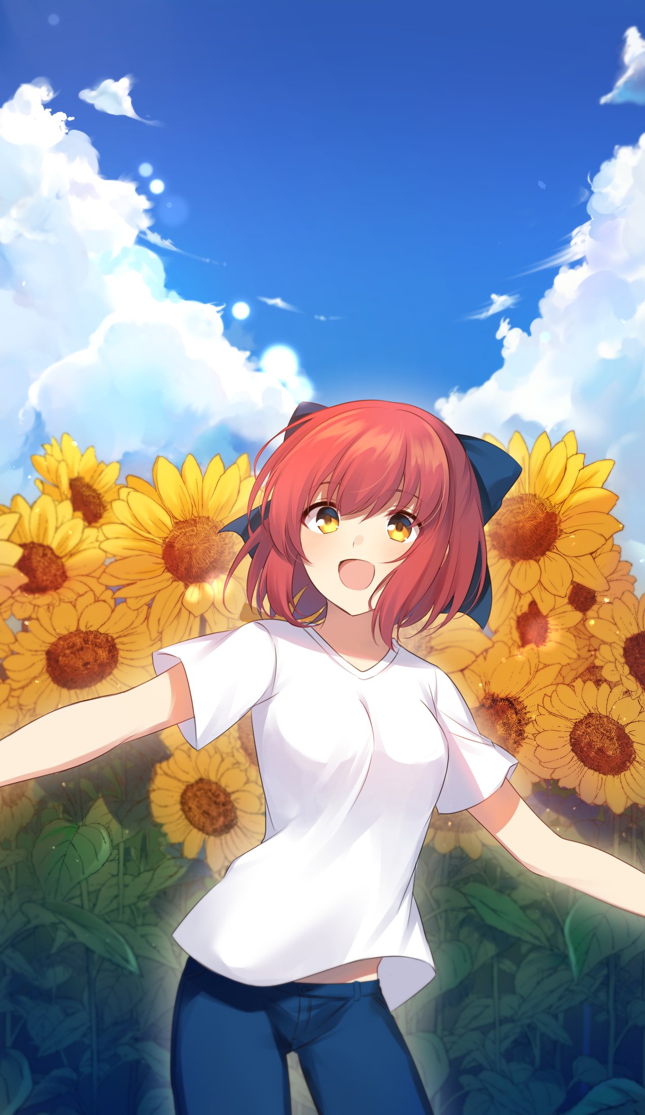 1girl bangs blue_bow blue_pants blue_sky blush bow clouds commentary_request day denim flower hair_bow highres jeans kohaku_(tsukihime) leaf looking_at_viewer nemu_mohu open_mouth outdoors outstretched_arms pants redhead shirt short_hair short_sleeves sky smile solo sunflower t-shirt tsukihime white_shirt yellow_eyes yellow_flower