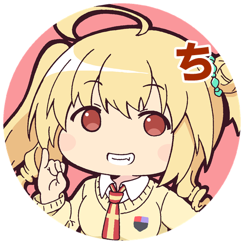 1girl ahoge assault_lily bangs blonde_hair blush chemir_friedheim chibi circle collared_shirt commentary_request drill_hair emblem fang grin hair_bun hair_ornament hand_up long_hair long_sleeves looking_at_viewer lowres masaki_itsuki necktie no_pupils pinky_out portrait red_background red_eyes red_necktie school_uniform shirt side_ponytail sign_language simple_background single_side_bun smile solo sweater translated transparent_background white_shirt yellow_sweater