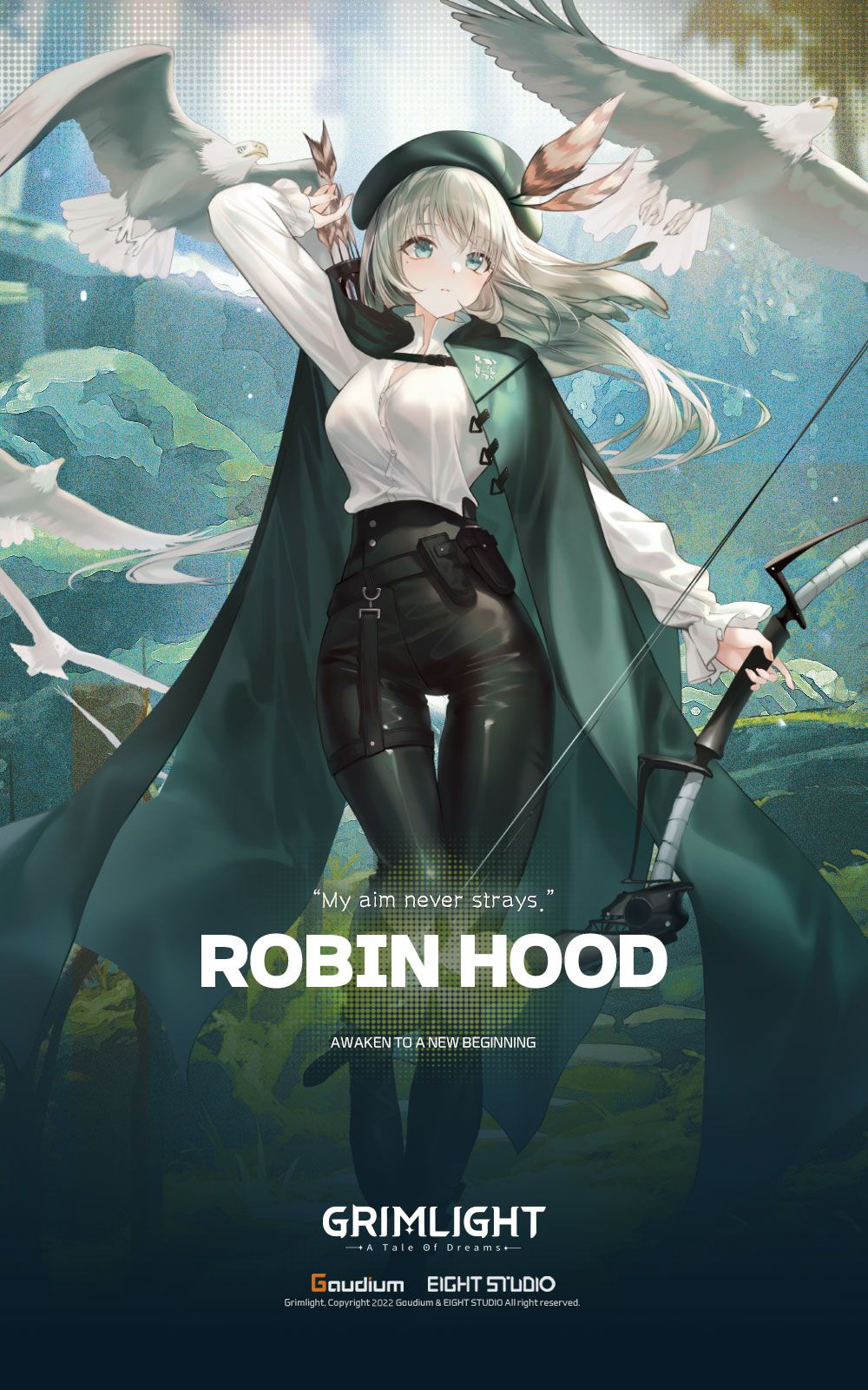 1girl arrow_(projectile) artist_request black_pants blonde_hair bow_(weapon) full_body green_eyes grimlight hat_feather highres long_hair long_sleeves looking_to_the_side official_art pale_skin pants robin_hood_(grimlight) shirt solo weapon white_shirt