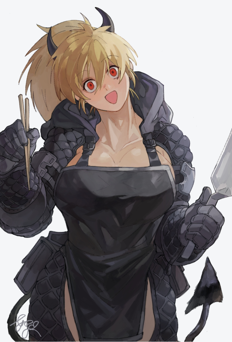 1girl abuku black_horns black_tail blonde_hair chopsticks collarbone crazy_eyes demon_horns demon_tail dorohedoro gloves grey_background grey_gloves hair_between_eyes holding holding_chopsticks holding_spatula hood hood_down horns long_hair looking_at_viewer nikaidou_(dorohedoro) open_mouth ponytail pouch red_eyes signature simple_background smile solo spatula tail wide-eyed