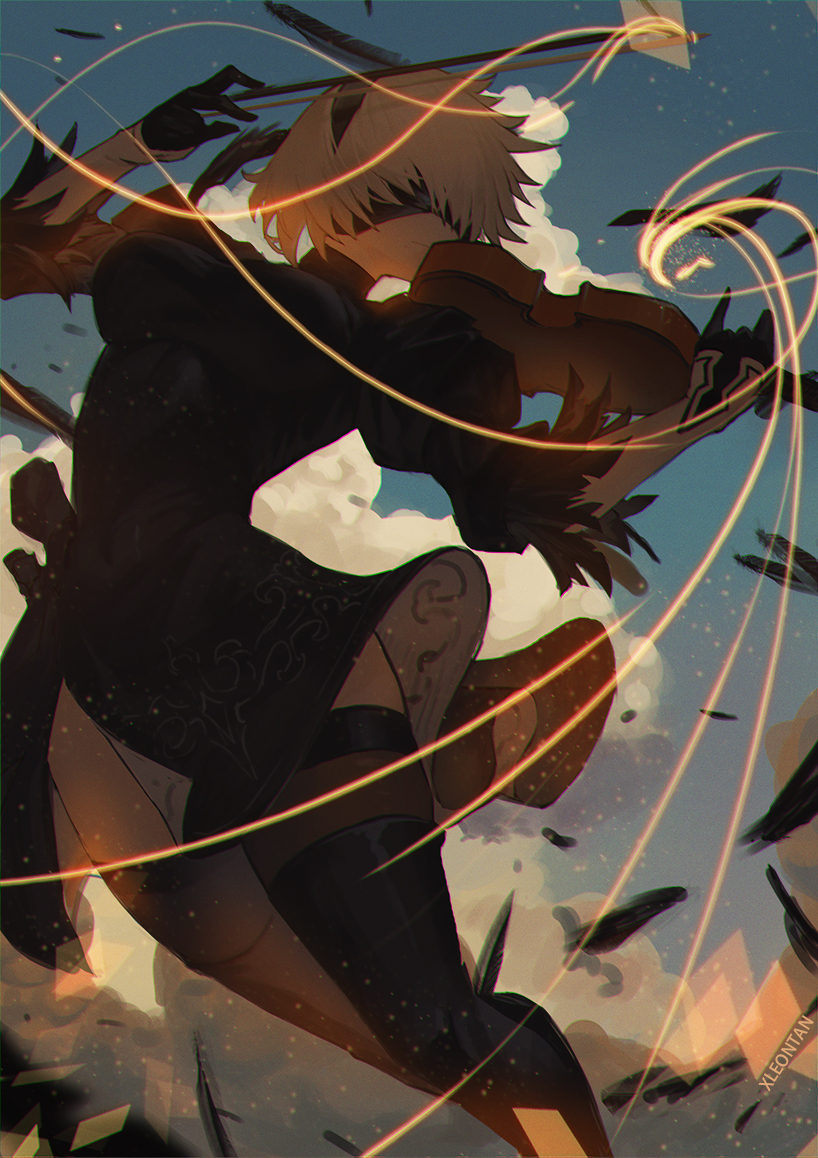 1girl artist_name black_blindfold black_footwear black_hairband blindfold blue_sky brown_legwear clouds cloudy_sky feather_trim grey_hair hairband holding holding_instrument instrument light_particles music nier_(series) nier_automata original outdoors playing_instrument puffy_sleeves short_hair sky solo thigh-highs turtleneck violin xleontan yorha_no._2_type_b