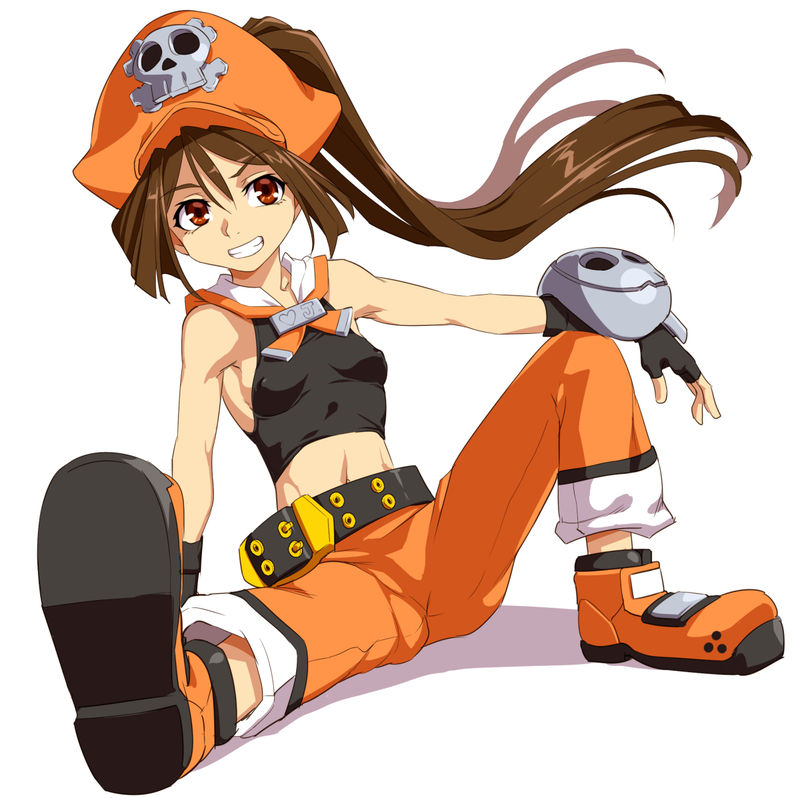 1girl belt black_gloves breasts brown_eyes brown_hair crop_top fingerless_gloves full_body funnyari gloves guilty_gear hat long_hair looking_at_viewer may_(guilty_gear) midriff orange_footwear orange_headwear orange_pants pants pirate_hat simple_background skull_and_crossbones smile solo white_background