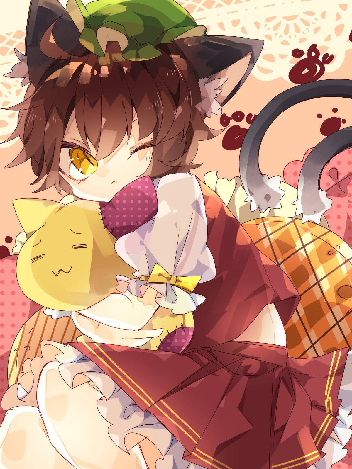 1girl ;&lt; animal_ear_fluff animal_ears bangs bow brown_hair cat_ears cat_girl cat_tail chen commentary curled_up feet_out_of_frame frilled_skirt frills green_headwear hat highres looking_at_viewer mob_cap multiple_tails nikorashi-ka object_hug one-hour_drawing_challenge patch paw_print puffy_short_sleeves puffy_sleeves red_skirt red_vest shirt short_hair short_sleeves skirt slit_pupils solo stuffed_toy tail touhou two_tails vest white_shirt yellow_bow yellow_eyes