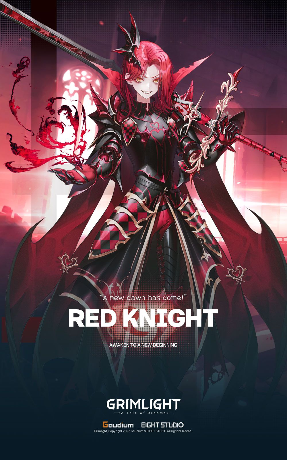 1girl armor artist_request dress gloves grimlight heart highres holding holding_weapon long_hair long_sleeves looking_at_viewer official_art red_eyes red_knight_(grimlight) redhead smile solo sword teeth very_long_hair weapon wing_hair_ornament