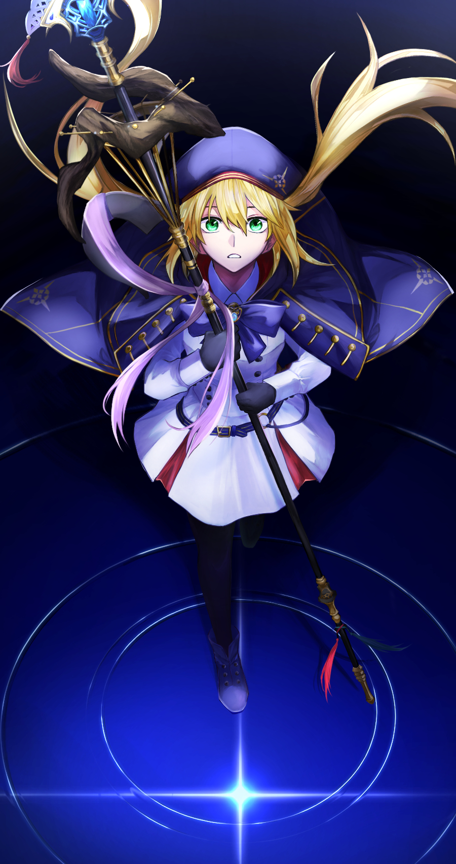 1girl artoria_caster_(fate) artoria_caster_(second_ascension)_(fate) artoria_pendragon_(fate) bangs belt beret black_gloves blonde_hair blue_belt blue_cape boots bow buttons cape cloak collar collared_shirt fate/grand_order fate_(series) gem glint gloves gold_trim green_gemstone green_hair hair_between_eyes hat highres long_hair long_sleeves looking_at_viewer marmyadose_(fate) multiple_tails open_mouth ornament pink_ribbon purple_footwear ribbon shiny shirt simple_background skirt solo tail two_tails user_esac8574 white_shirt white_skirt