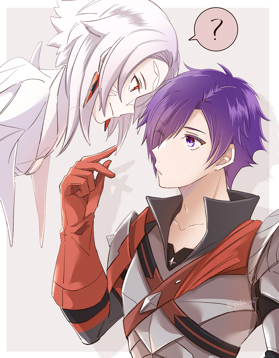 1boy 1other ? armor arval_(fire_emblem) cape closed_mouth fire_emblem fire_emblem:_three_houses fire_emblem_warriors:_three_hopes gloves hair_ornament hair_over_one_eye highres looking_at_another medium_hair purple_hair red_eyes shez_(fire_emblem) shez_(fire_emblem)_(male) short_hair simple_background smile violet_eyes white_hair yutohiroya