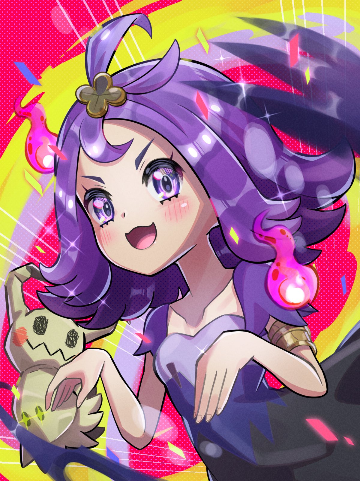 +_+ 1girl acerola_(pokemon) armlet blush claws collarbone dress fire ghost_pose highres inana_umi looking_at_viewer mimikyu open_mouth pokemon pokemon_(creature) pokemon_(game) pokemon_sm purple_fire purple_hair smile stitches torn_clothes torn_dress violet_eyes