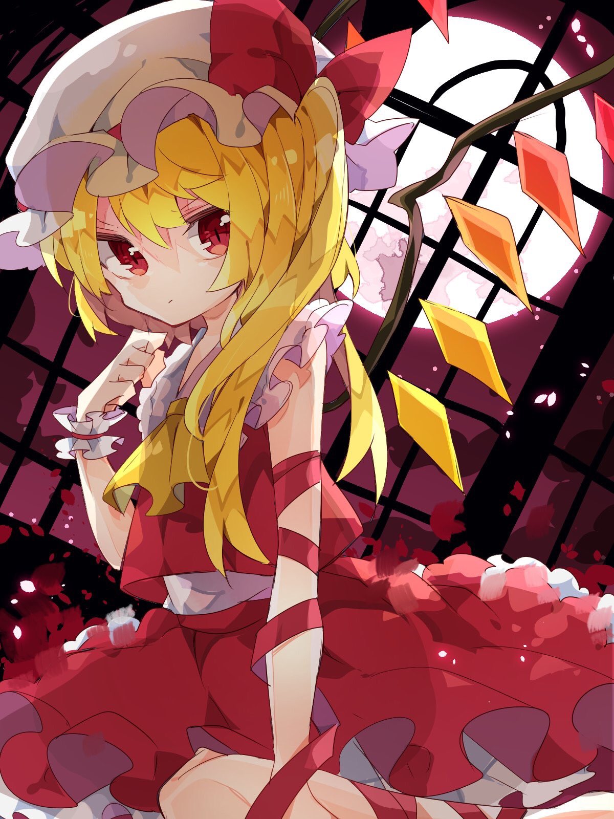 1girl arm_wrap bangs blonde_hair bow collared_vest commentary crystal feet_out_of_frame flandre_scarlet full_moon hand_up hat hat_bow highres indoors leg_wrap long_hair mob_cap moon night nikorashi-ka one-hour_drawing_challenge one_side_up red_bow red_eyes red_moon red_ribbon red_skirt red_vest ribbon seiza sitting skirt solo touhou vest white_headwear window wings wrist_cuffs