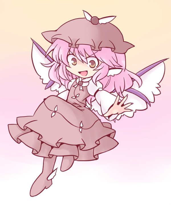 1girl 216 animal_ears bird_ears bird_wings brown_dress brown_eyes brown_headwear dress fingernails frilled_dress frills full_body hair_between_eyes long_fingernails long_sleeves mystia_lorelei nail_polish open_mouth pink_hair purple_nails sharp_fingernails short_hair smile solo touhou winged_footwear winged_hat wings