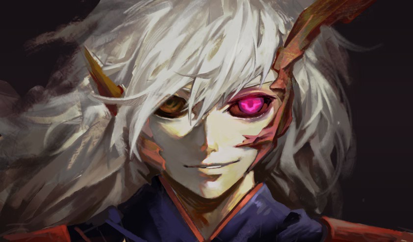 1boy black_background brown_eyes brown_sclera check_copyright code_geass colored_sclera copyright_request face geass glowing glowing_eye grey_hair hare_(yamihuji) heterochromia long_hair onmyoji painterly parted_lips simple_background smile solo upper_body violet_eyes