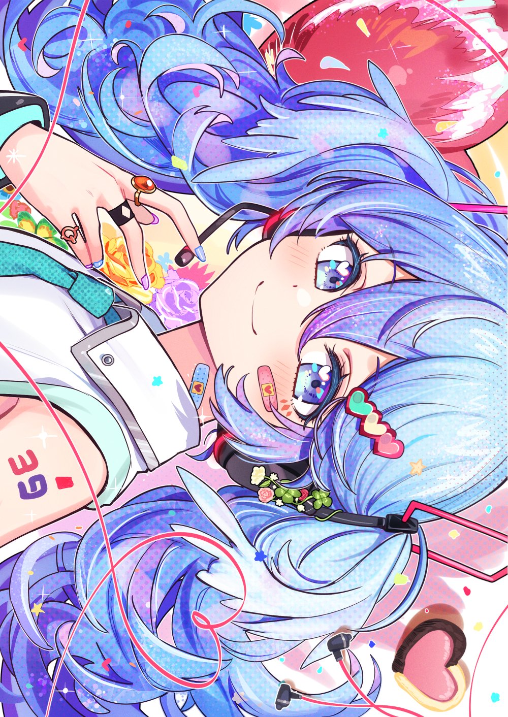 1girl ai_kotoba_iv_(vocaloid) aqua_necktie balloon bandaid bandaid_on_face bandaid_on_neck bangs blue_eyes blue_hair closed_mouth deadnooodles hair_between_eyes hand_up hatsune_miku highres jewelry looking_at_viewer necktie portrait ring sideways smile solo vocaloid