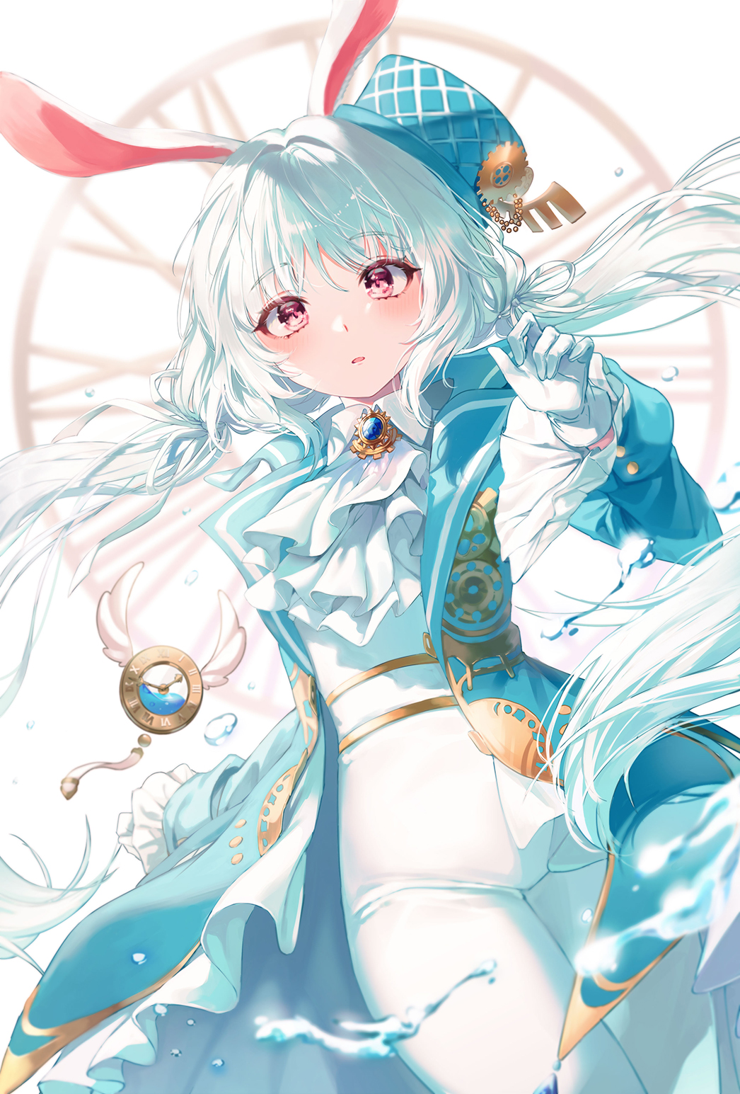 1girl animal_ears blush coat facing_down gloves grimlight hat highres long_hair long_sleeves looking_at_viewer mini_hat open_mouth oso_5425 pants parted_lips pocket_watch rabbit_ears rabbit_girl solo twintails violet_eyes watch white_hair white_rabbit_(grimlight)