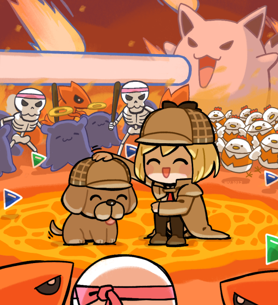 1girl ^_^ blonde_hair blush_stickers brown_coat brown_footwear brown_headwear bubba_(watson_amelia) chibi closed_eyes coat comet commentary deadbeat_(calliope_mori) deerstalker digua_qiu dog ebi-chan_(gawr_gura) energy_beam english_commentary fire fubuzilla_(shirakami_fubuki) hat headband holocure hololive hololive_english kotori_(takanashi_kiara) molten_rock necktie open_clothes open_coat petting red_necktie shoes squatting tail tail_wagging tako_(ninomae_ina'nis) virtual_youtuber watson_amelia