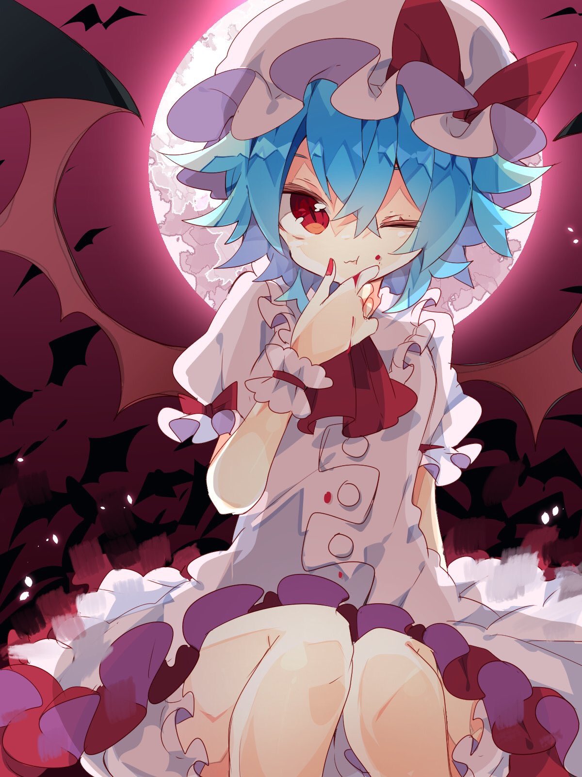 1girl ;t ascot bangs blood blood_on_face blood_on_hands blue_hair bow buttons commentary dress feet_out_of_frame frilled_dress frills hair_between_eyes hat hat_bow highres looking_at_viewer mob_cap nikorashi-ka one-hour_drawing_challenge puffy_short_sleeves puffy_sleeves red_ascot red_bow red_eyes red_nails remilia_scarlet short_hair short_sleeves sitting solo touhou white_dress white_headwear wrist_cuffs