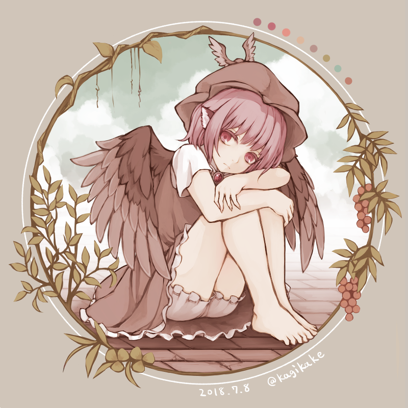 1girl animal_ears barefoot bird_ears bird_wings bloomers brown_dress brown_headwear brown_wings closed_mouth color_guide dated dress feathered_wings fingernails food fruit grapes kagikake mystia_lorelei pink_eyes pink_hair short_hair short_sleeves solo touhou twitter_username underwear white_bloomers winged_hat wings