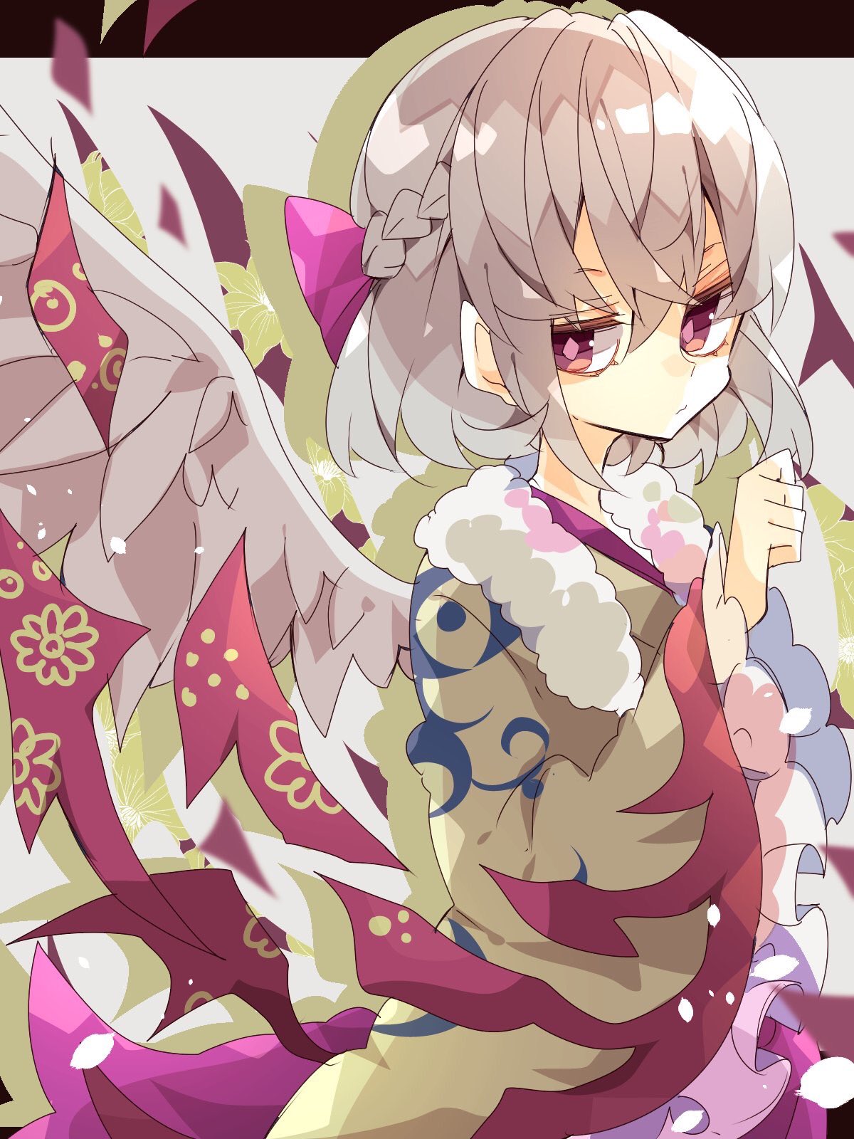 1girl adapted_costume bangs braid commentary feathered_wings french_braid frilled_sleeves frills grey_hair grey_kimono highres japanese_clothes kimono kishin_sagume long_sleeves looking_at_viewer nikorashi-ka one-hour_drawing_challenge purple_ribbon purple_skirt ribbon shawl short_hair skirt solo touhou upper_body violet_eyes white_wings wide_sleeves wings