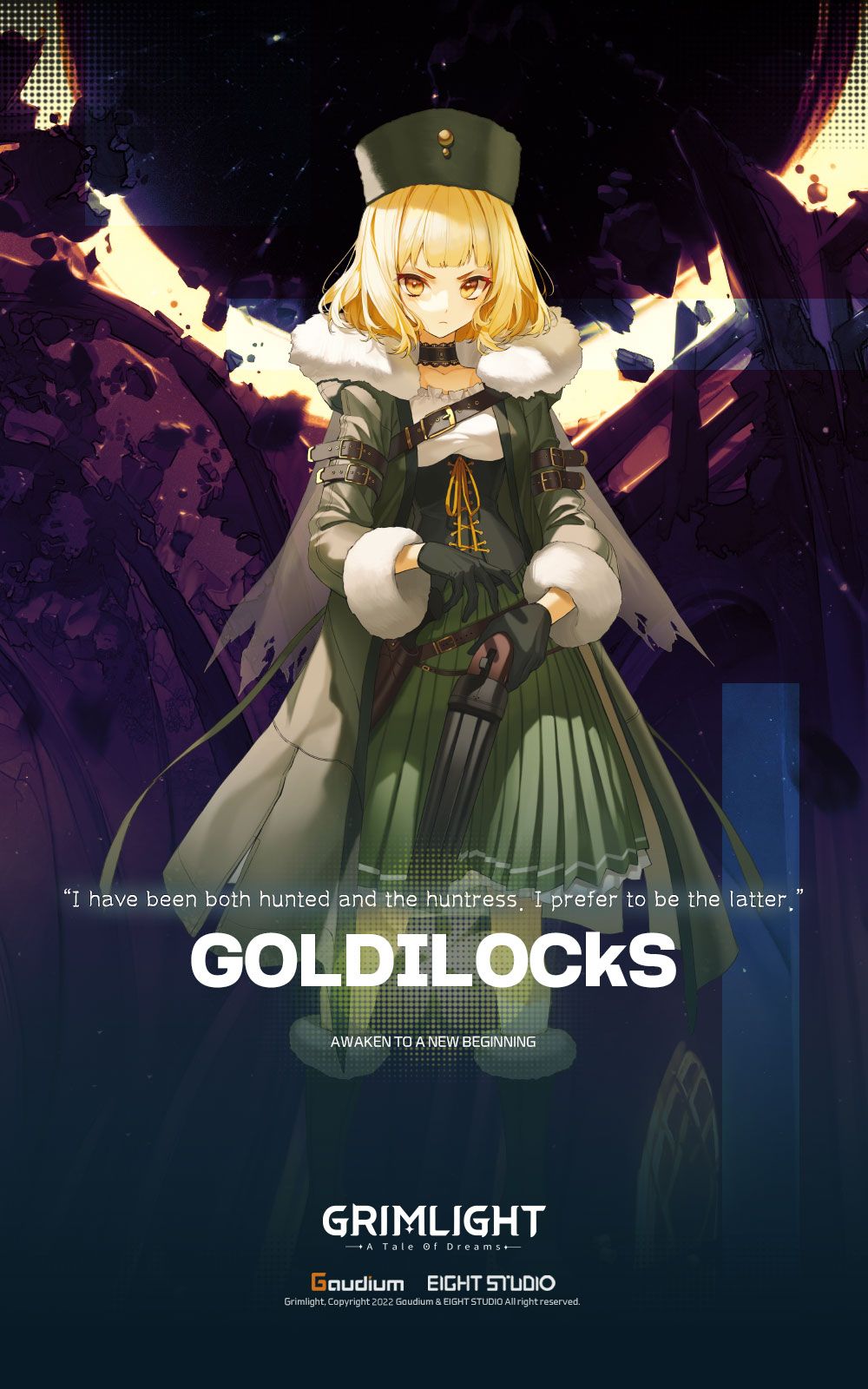 1girl artist_request blonde_hair brown_eyes character_name choker closed_mouth copyright_name dress full_body gloves goldilocks_(grimlight) grimlight hat highres holding holding_weapon looking_at_viewer official_art short_hair solo weapon
