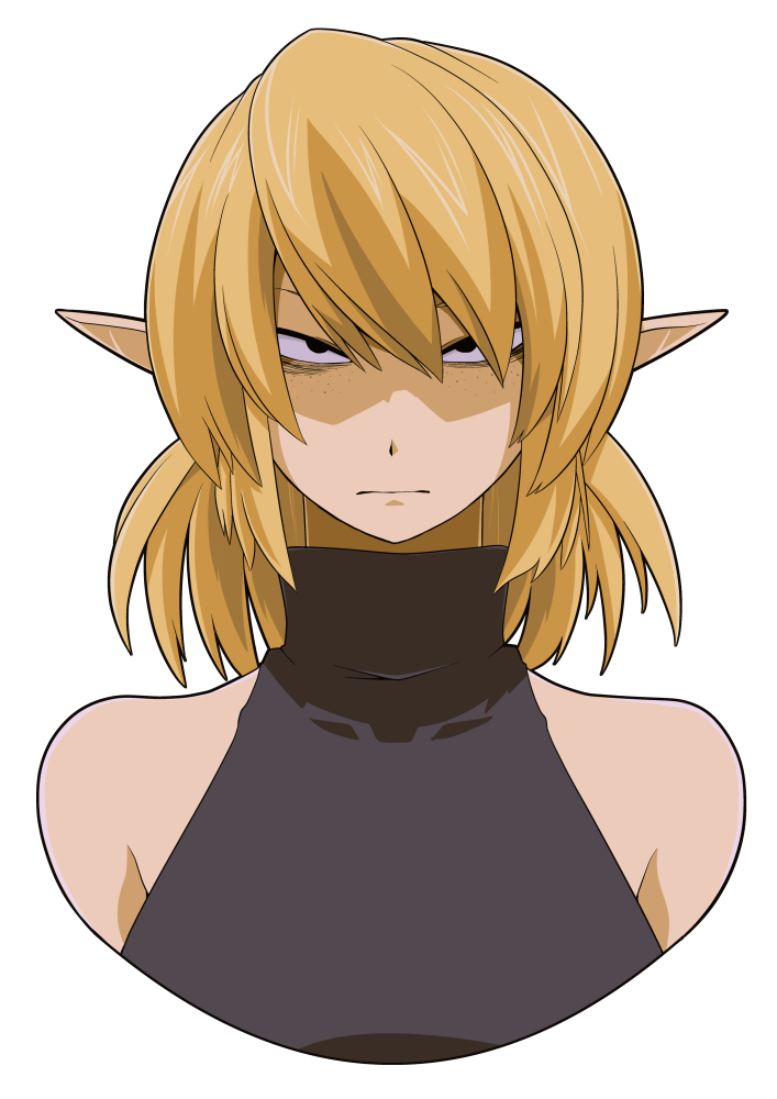 1girl alternate_eye_color bags_under_eyes bangs black_eyes black_shirt blonde_hair closed_mouth commentary_request expressionless freckles looking_at_viewer mizuhashi_parsee pointy_ears shaded_face shirt short_hair simple_background sleeveless sleeveless_shirt solo touhou turtleneck upper_body uraraku_shimuni white_background