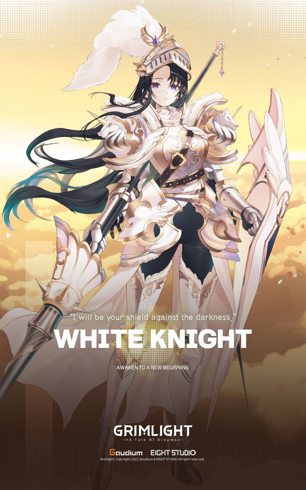 1girl armor artist_request black_hair feathers grimlight helmet highres holding holding_weapon lancer_(weapon) long_hair looking_at_viewer official_art shield solo very_long_hair violet_eyes weapon white_knight_(grimlight)