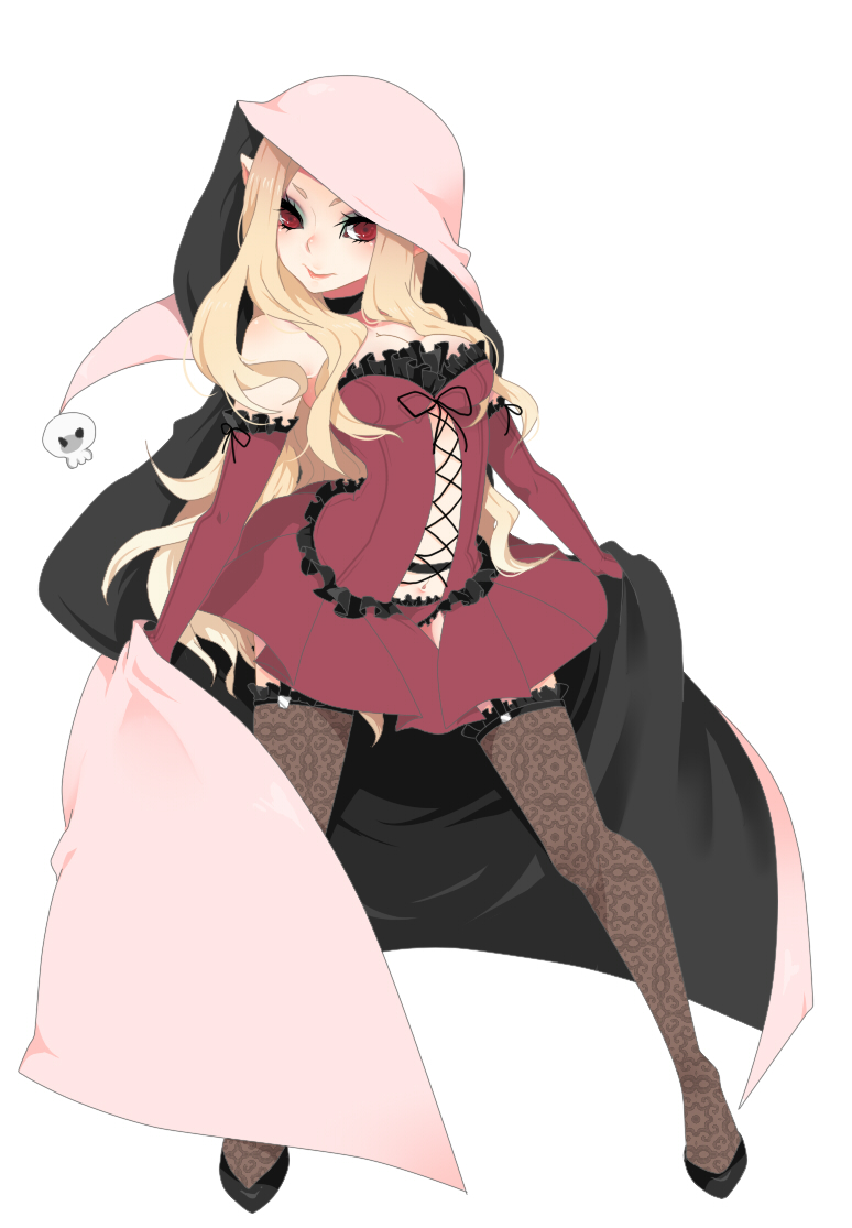 bare_shoulders blonde_hair breasts cleavage cloak elbow_gloves eyeshadow garter_belt gloves hood long_hair makeup midriff navel original pointy_ears red_eyes skull solo takesouko thigh-highs thighhighs very_long_hair