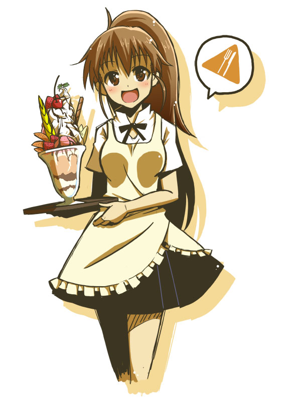 blush brown_eyes brown_hair corona food ice_cream long_hair natsuki_tomosuke open_mouth parfait ponytail skirt smile solo taneshima_popura tray very_long_hair waitress working!!