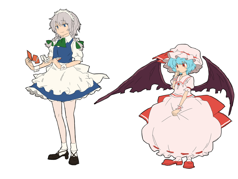 blue_eyes blue_hair braid card cards child falling_card finger_to_mouth floating_card hat holding holding_card izayoi_sakuya maid maid_headdress matsutani playing_card playing_cards red_eyes remilia_scarlet silver_hair thigh-highs thighhighs touhou twin_braids wings wrist_cuffs